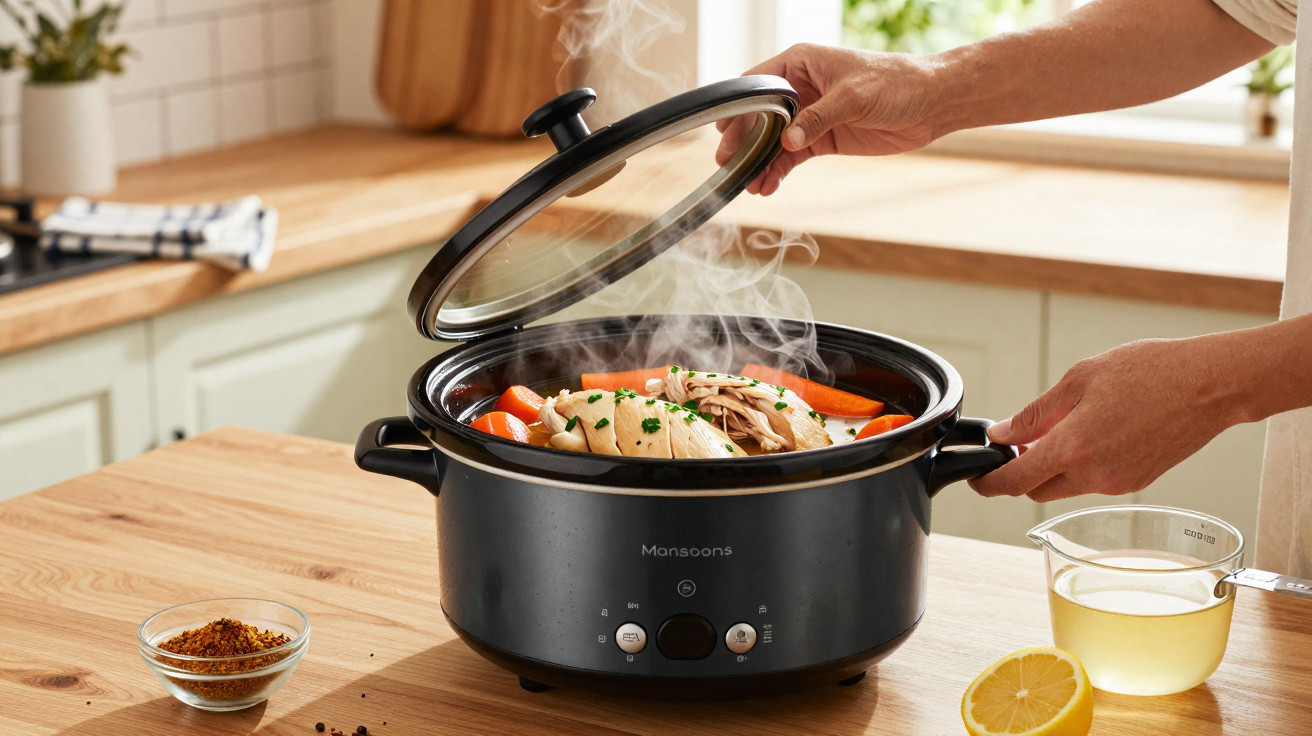 Pessoa a levantar a tampa de uma panela elétrica com frango, cenouras e ervas a cozinhar numa cozinha luminosa.