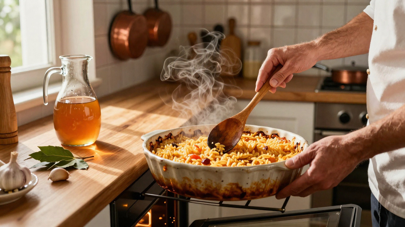 Pessoa a retirar prato fumegante de massa do forno numa cozinha acolhedora e iluminada.