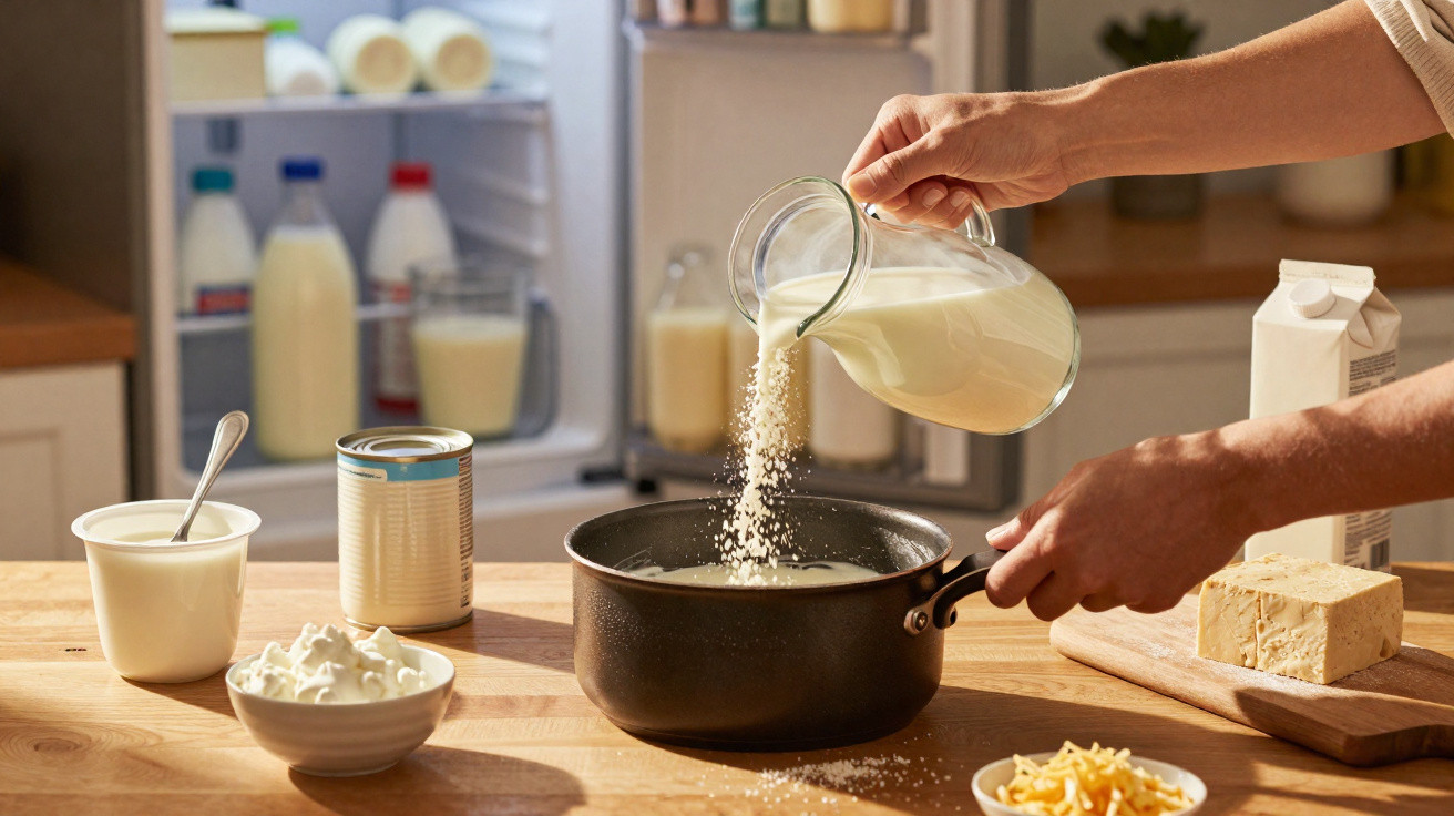 Pessoa a deitar leite e farinha numa panela, com diversos produtos lácteos numa cozinha ao fundo.