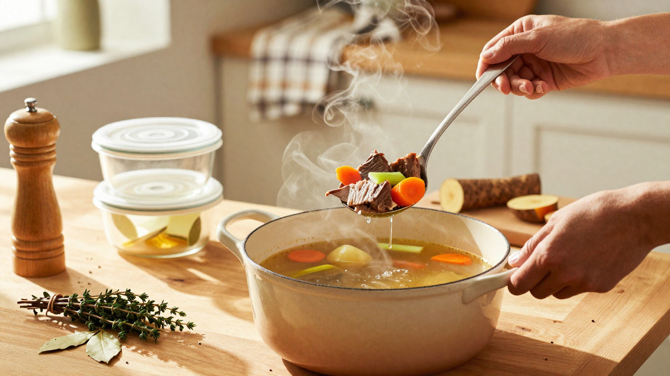 Mãos a servir sopa quente com carne e legumes num tacho branco numa cozinha iluminada.