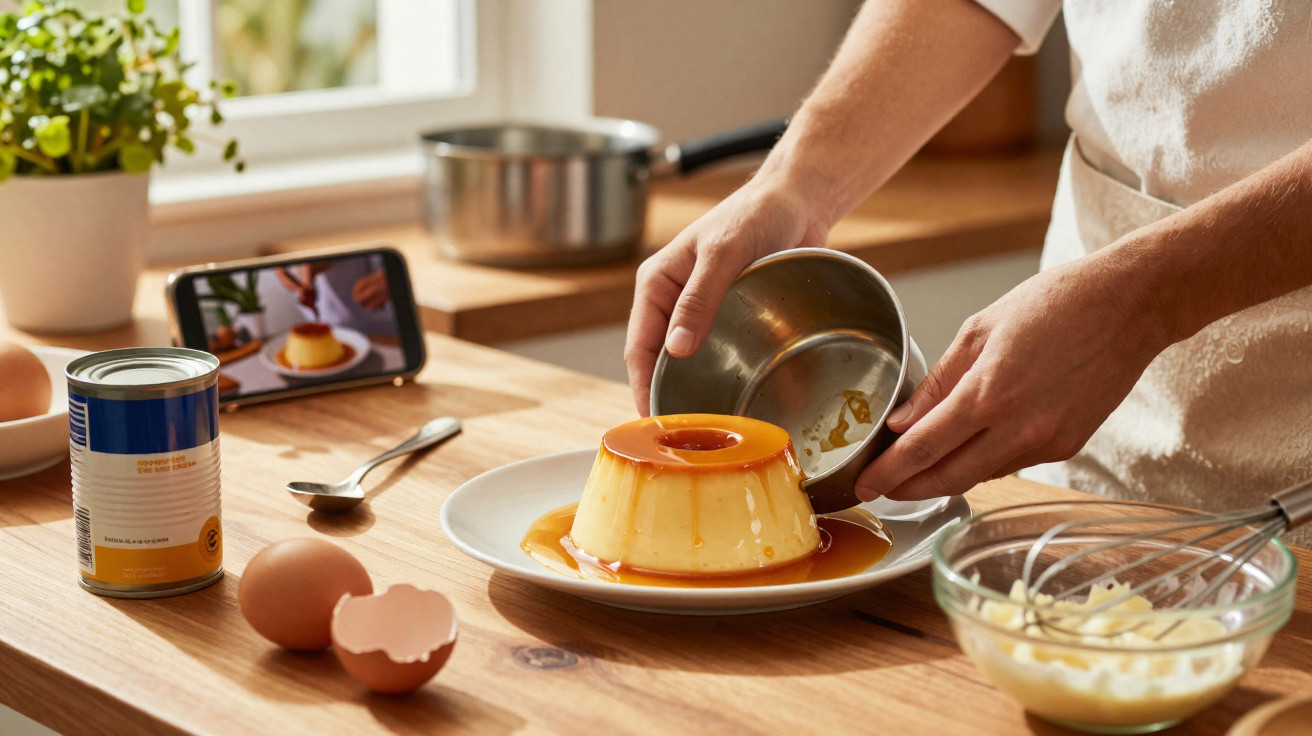 Pessoa a desenformar pudim com caramelo numa cozinha, com ingredientes e vídeo de receita ao fundo.