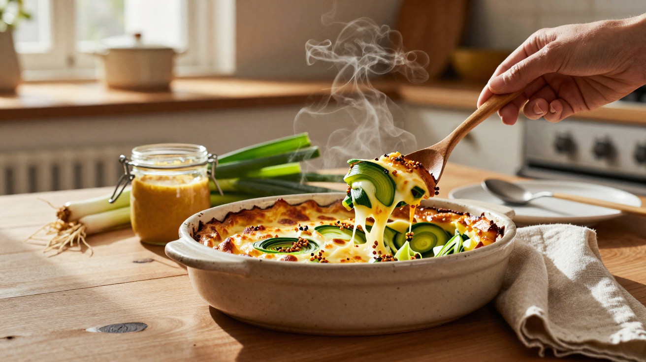 Casserole fumegante com queijo derretido e courgette, uma mão a servir com colher de pau na cozinha.