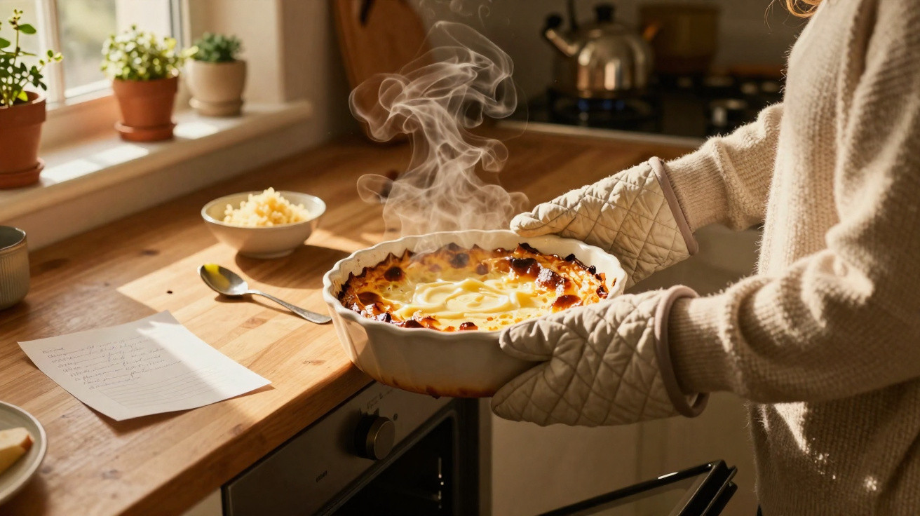 Pessoa a retirar do forno uma tarte fumegante com luvas de cozinha numa cozinha iluminada pelo sol.