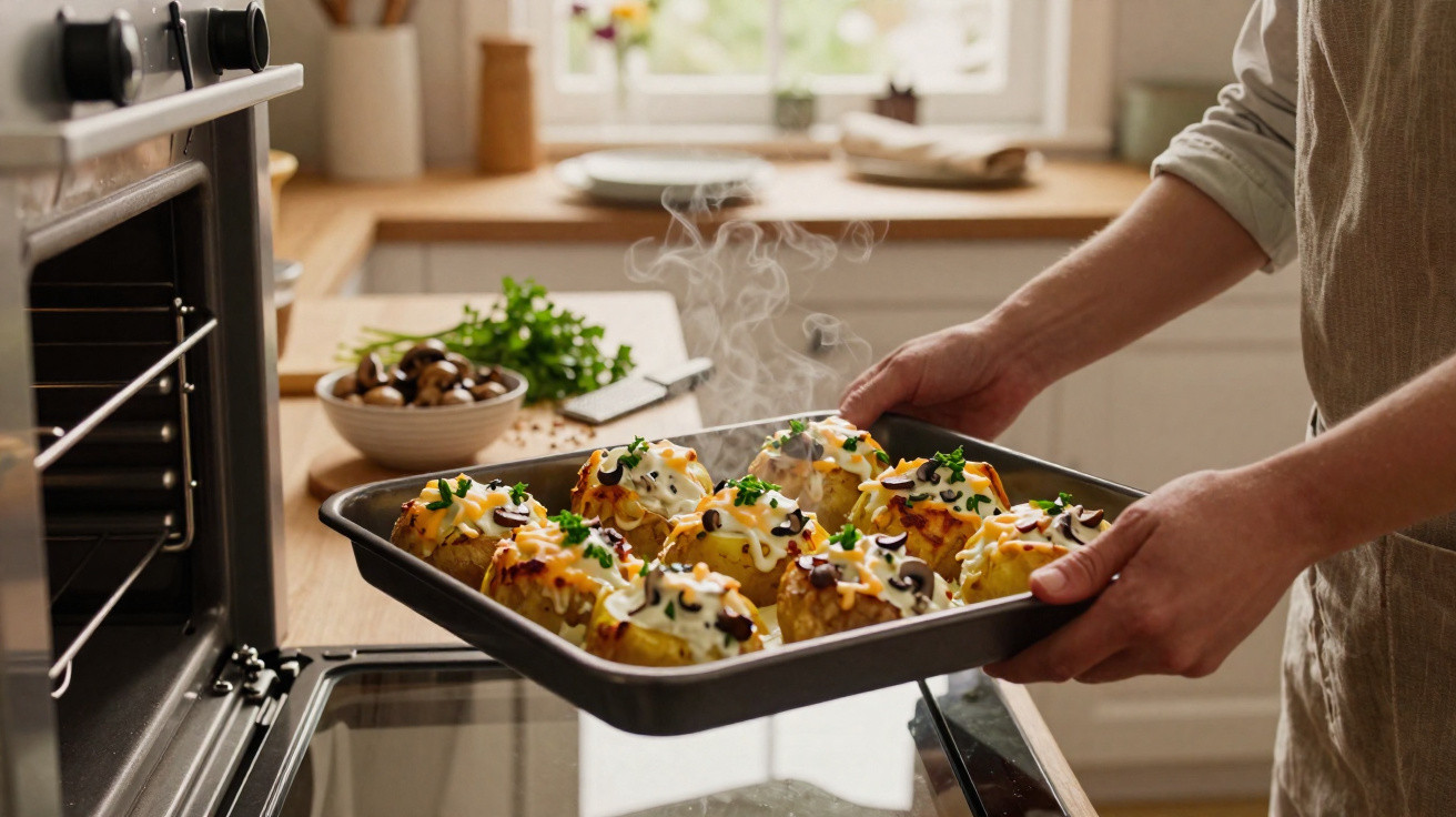 Pessoa a retirar do forno tabuleiro com batatas recheadas fumegantes, guarnecidas com molho, cogumelos e ervas.