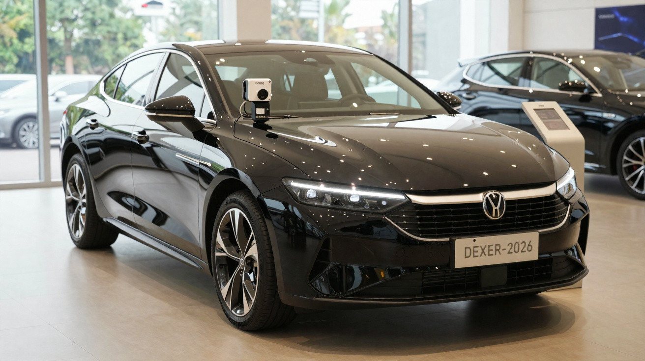 Carro elétrico preto DEXER-2026 estacionado interiormente em exposição automóvel moderna.