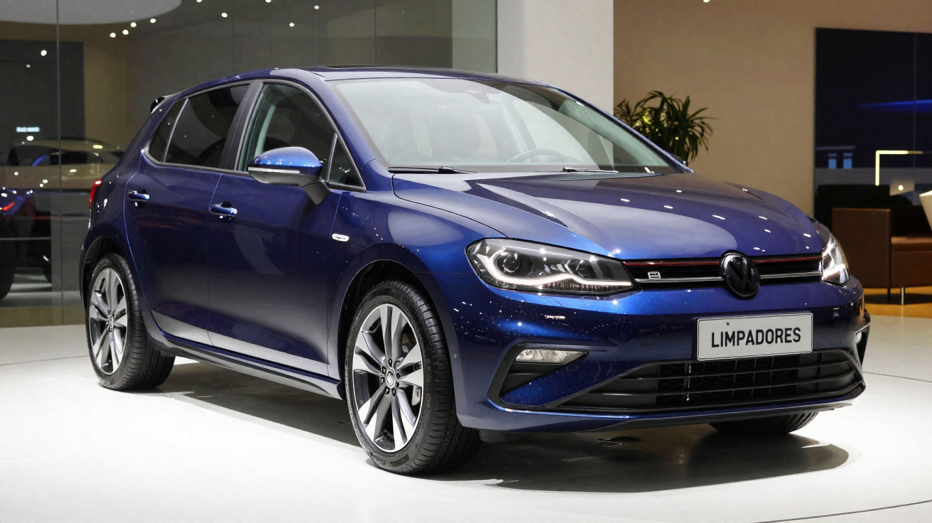 Automóvel Volkswagen Golf azul escuro, estacionado em exposição interior.