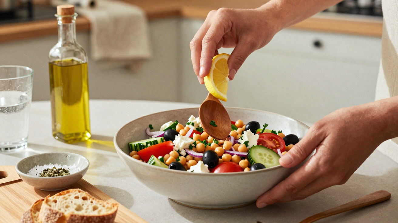 Pessoa a espremer limão sobre salada colorida com grão, tomate, pepino, azeitonas e queijo numa tigela.