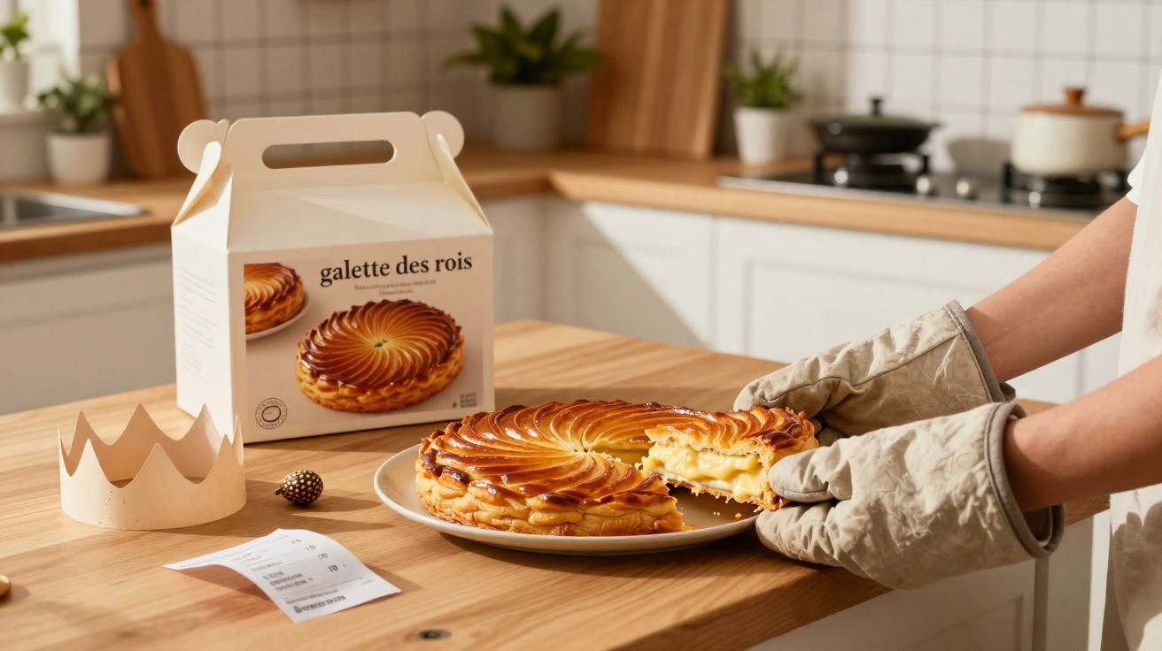 Pessoa com luvas de forno a retirar fatia de galette des rois numa cozinha moderna.