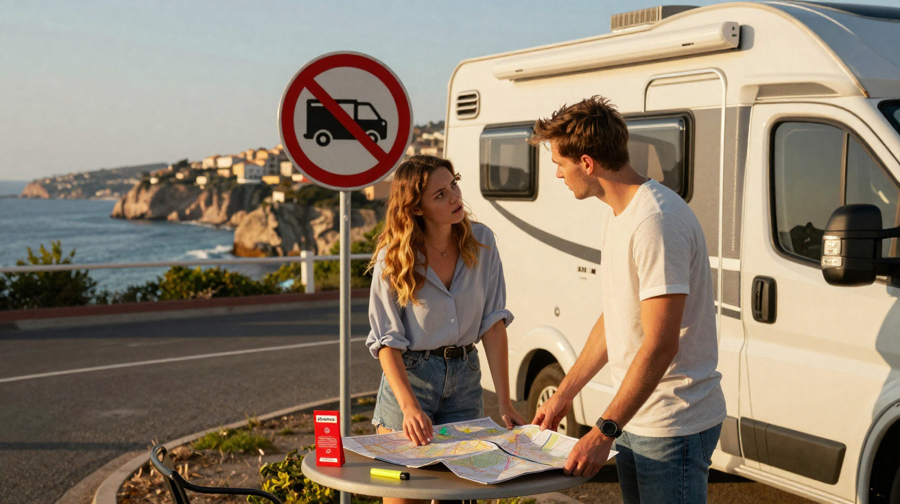 Casal a consultar mapa num ponto de paragem junto a uma autocaravana e sinal de proibição de estacionar autocaravanas.