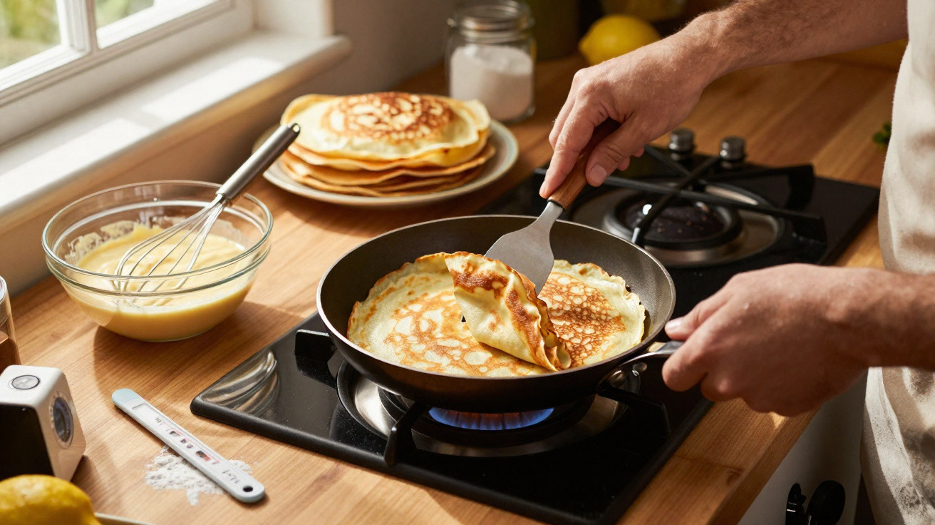 Mãos a virar panqueca dourada numa frigideira sobre fogão a gás, com massa e pilha de panquecas prontas.