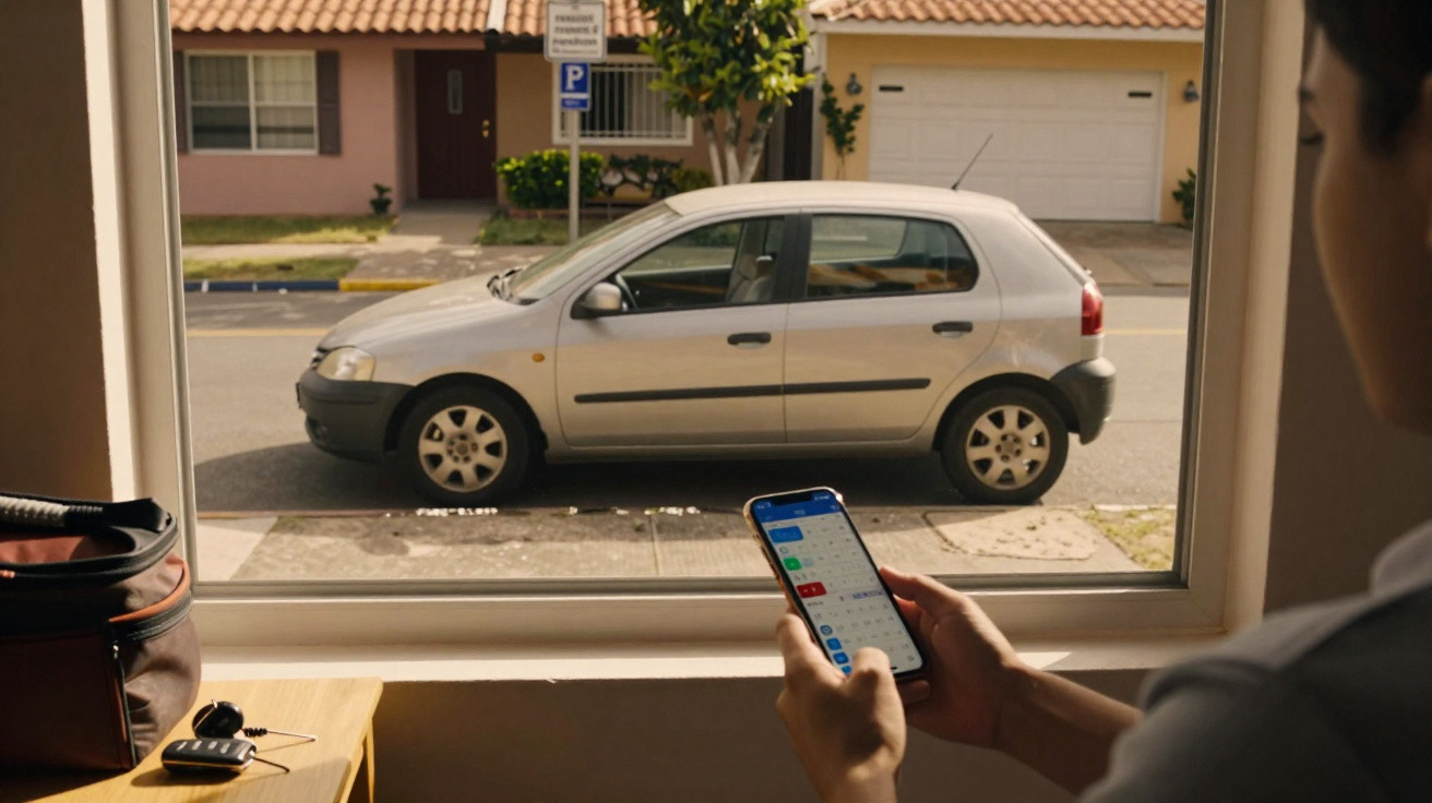 Pessoa a olhar para o ecrã do telemóvel, com um carro estacionado visto pela janela à frente.