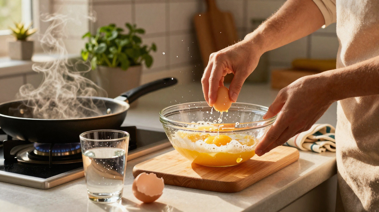 Pessoa a partir ovos numa tigela de vidro numa cozinha com panela a ferver ao fundo.