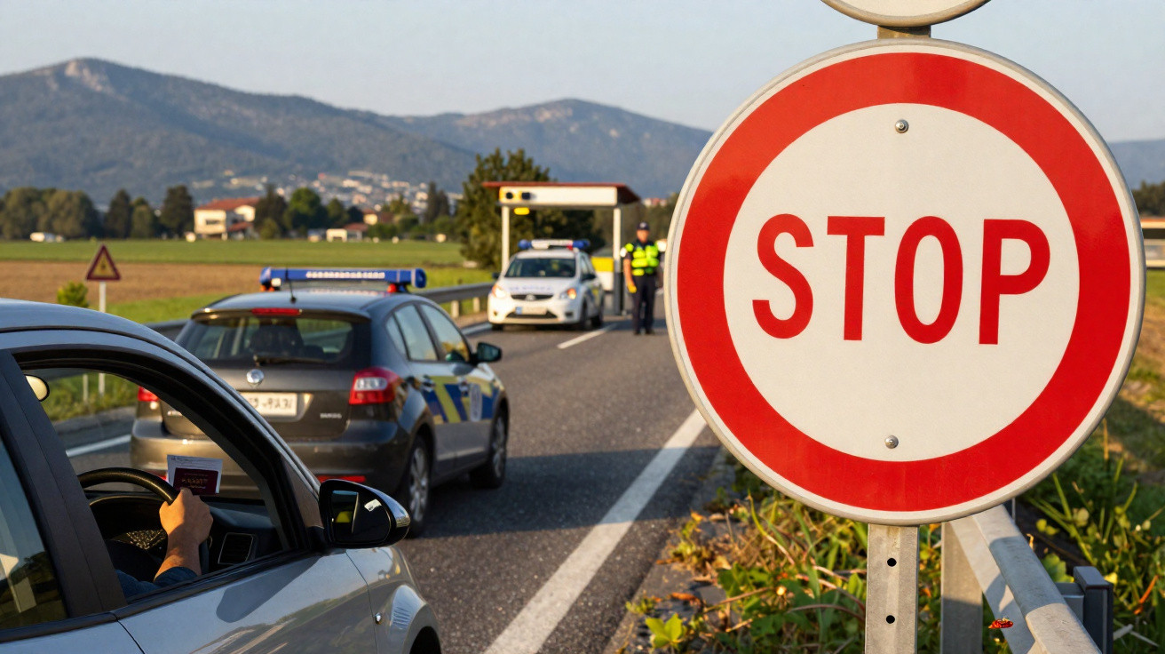 Sinal de stop num controlo policial numa estrada rural com carros parados e polícia a inspecionar.