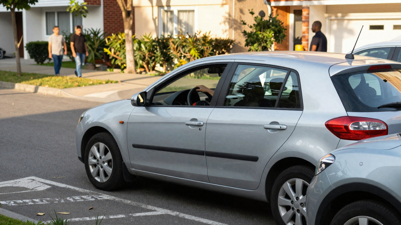 Carro prateado estacionado numa rua residencial com pessoas a caminhar ao fundo.