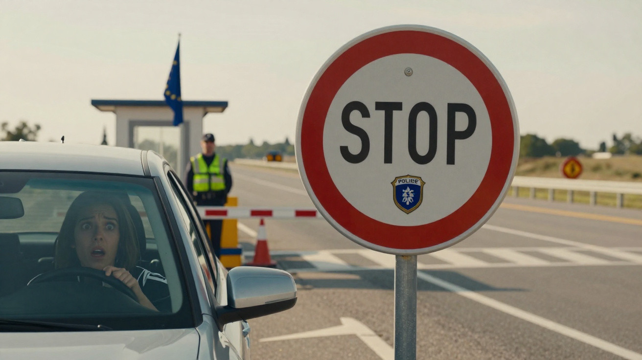 Sinal de stop em posto policial, mulher assustada ao volante de carro parado na estrada.
