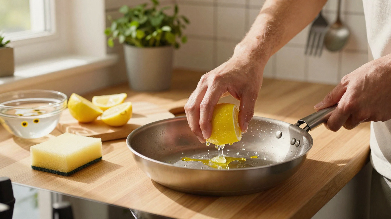 Mãos a espremer limão numa frigideira metálica numa cozinha iluminada por luz natural.