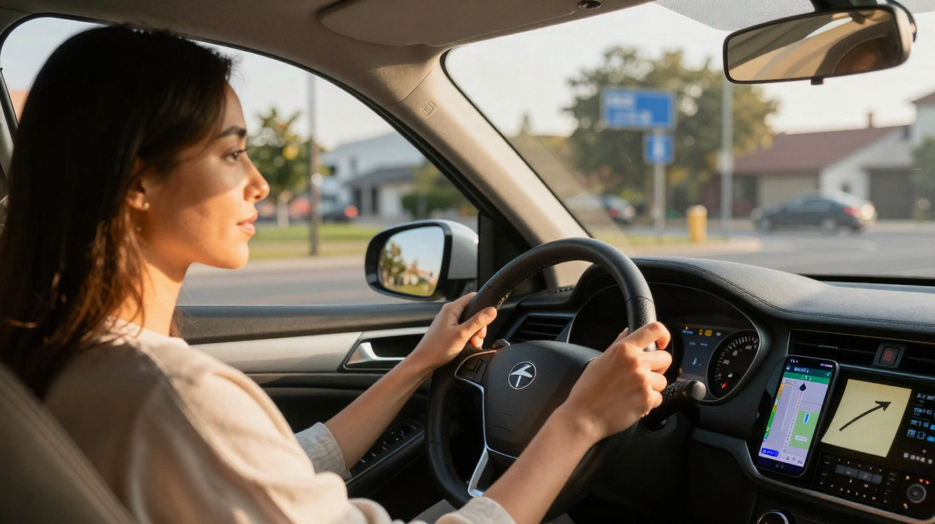Mulher a conduzir carro com aplicação de navegação GPS no painel e luz natural a entrar pela janela.