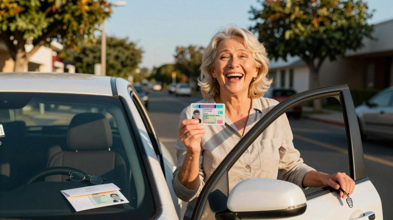 Mulher sorridente ao lado de carro aberto, a segurar e mostrar a sua carta de condução nova.