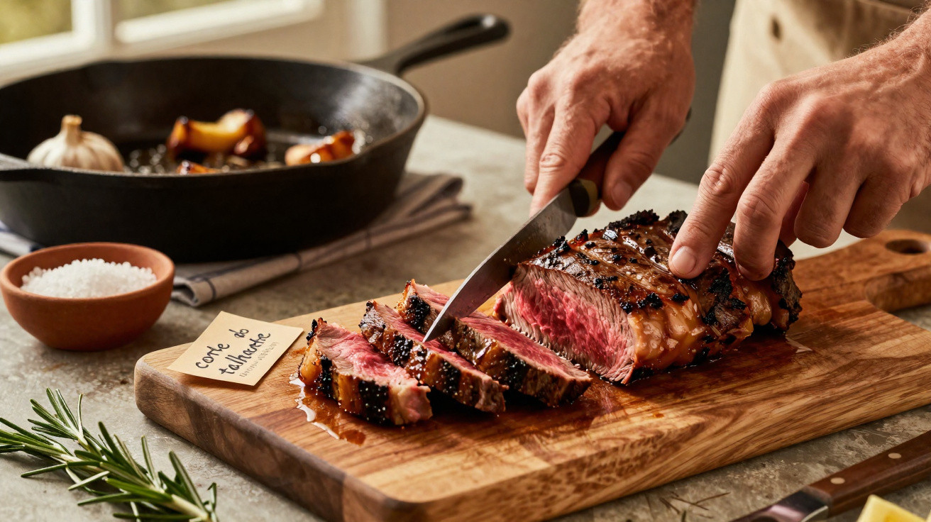 Pessoa a cortar bife malpassado num tábua de madeira com alho, sal e ervas ao lado.
