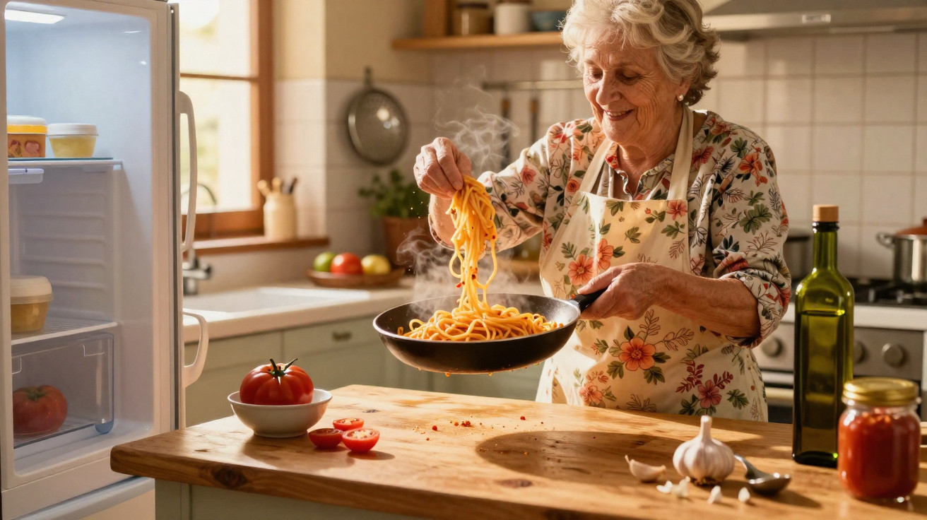 Idosa sorridente a cozinhar esparguete numa cozinha iluminada, com ingredientes frescos na bancada.