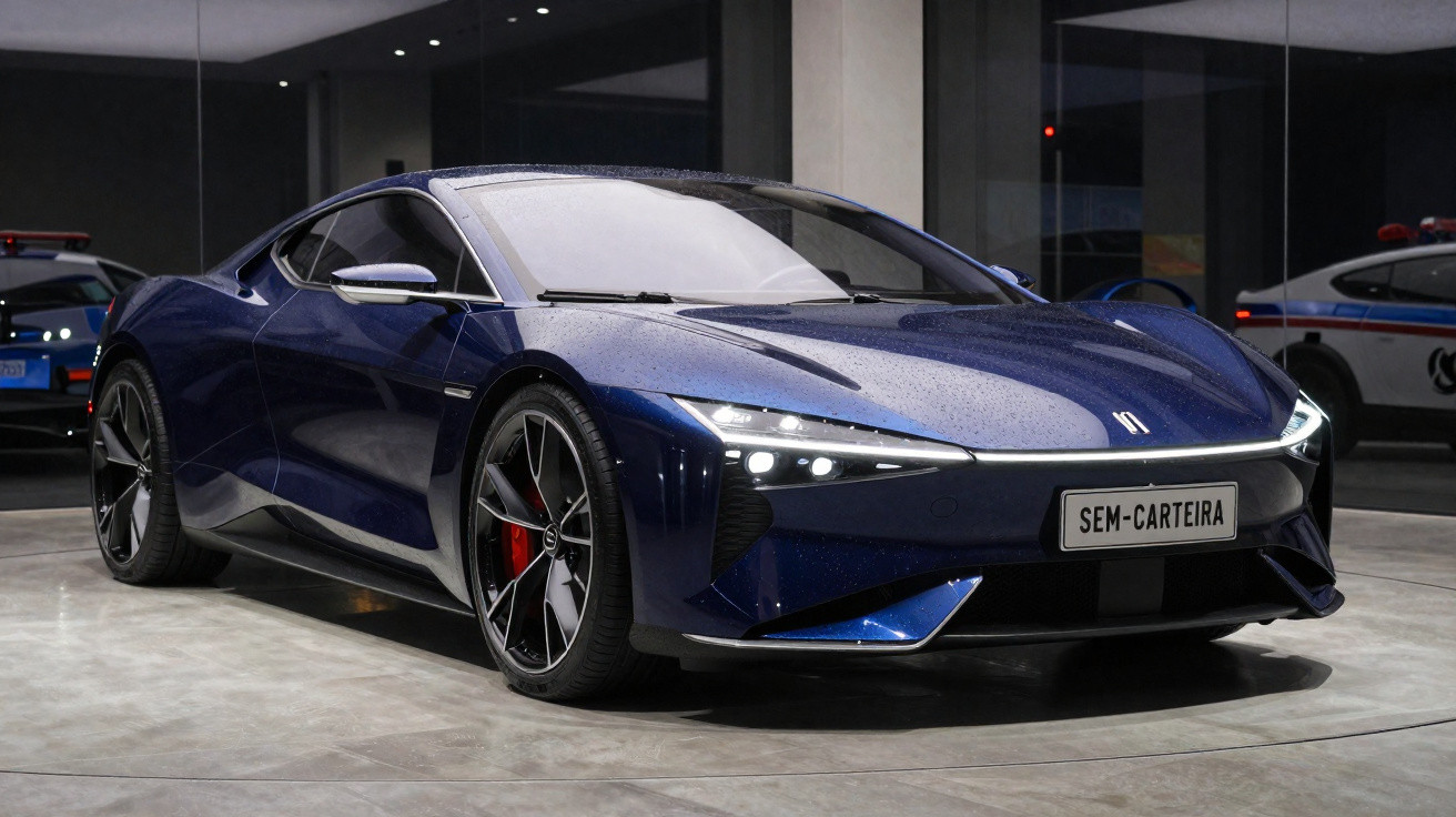Carro desportivo azul escuro elétrico com faróis modernos e placa personalizada "SEM-CARTEIRA" estacionado em ambiente intern