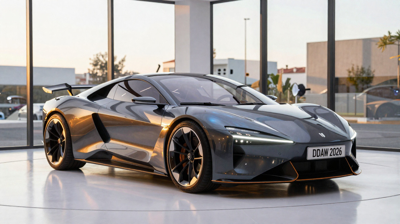 Carro desportivo elétrico cinzento metálico, com design aerodinâmico e faróis LED, numa sala de exposição moderna.