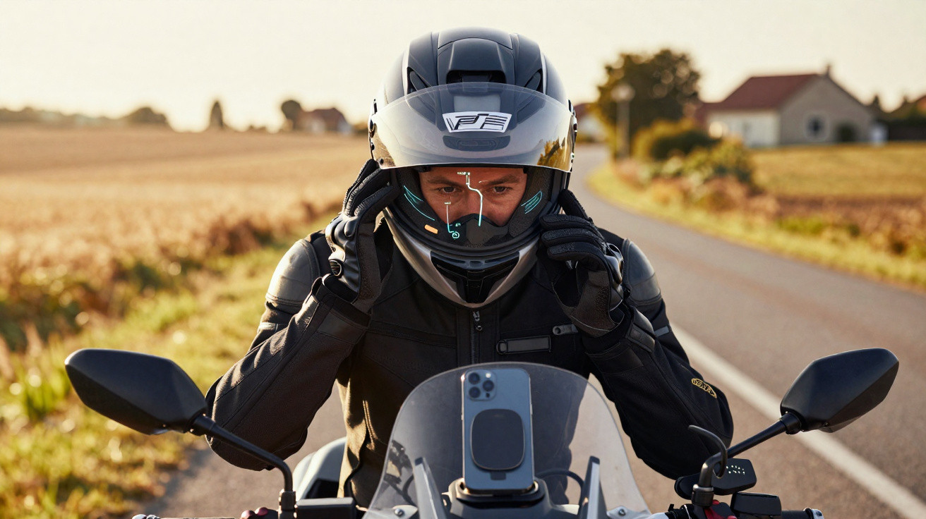 Motociclista a vestir capacete e equipamento a ajustar o visor antes de conduzir numa estrada rural.