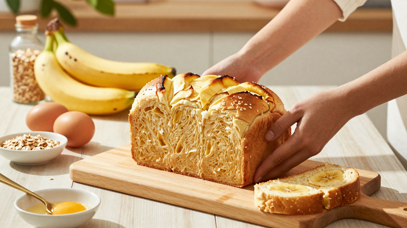 Pão de banana fatiado numa tábua de madeira, com ovos, bananas e aveia à volta numa cozinha iluminada.