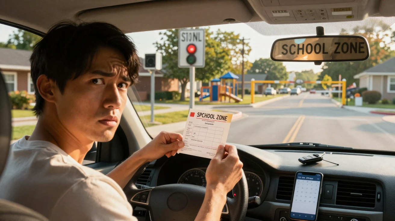 Homem ao volante mostra multa de zona escolar, semáforo vermelho e placa "School Zone" na rua.