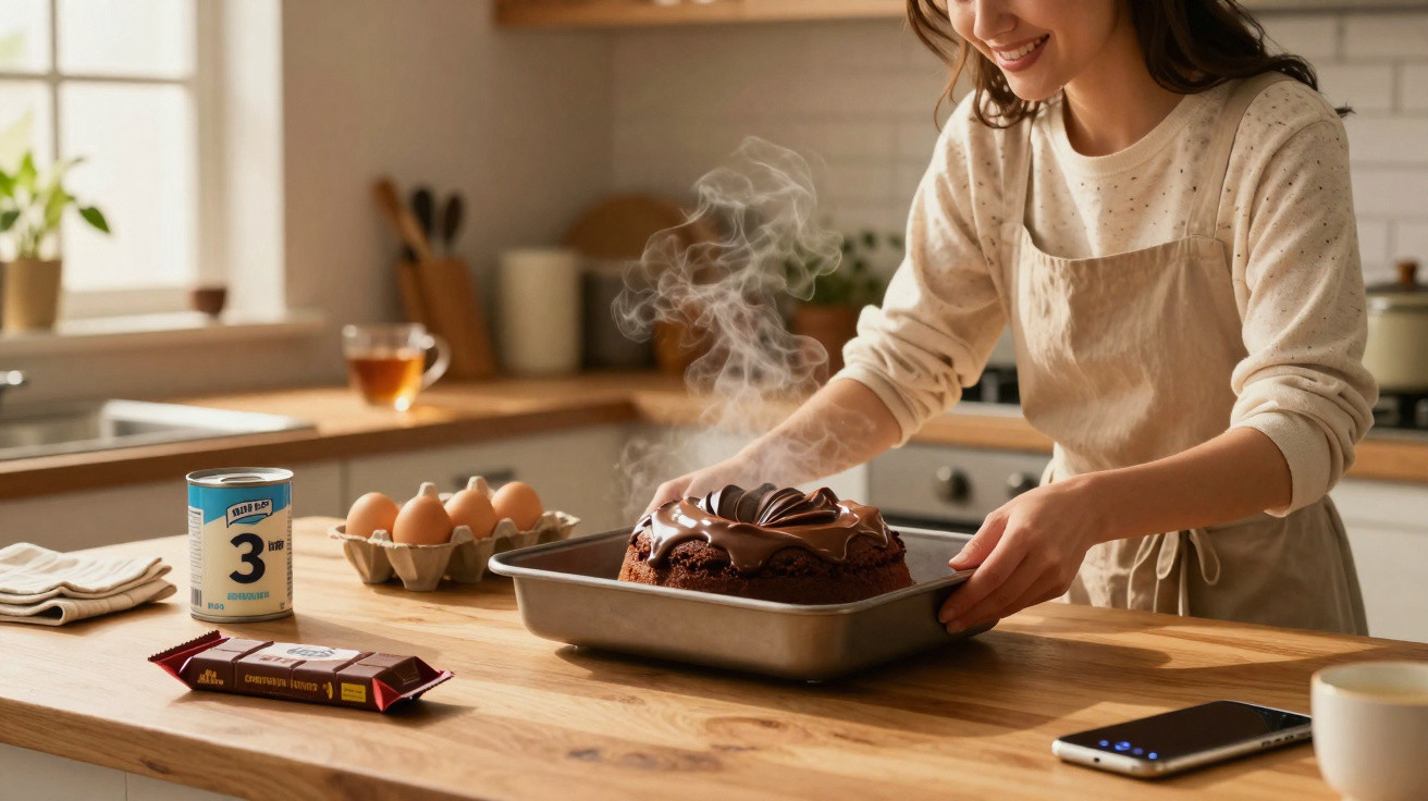 Mulher a retirar do forno bolo de chocolate quente numa cozinha luminosa e acolhedora.