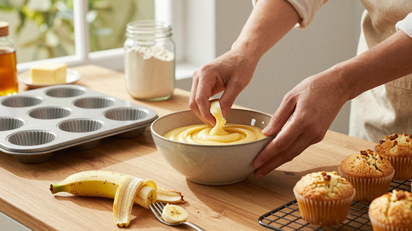Pessoa a enrolar massa num recipiente, com banana, forma de muffins vazia e muffins numa grelha ao lado.