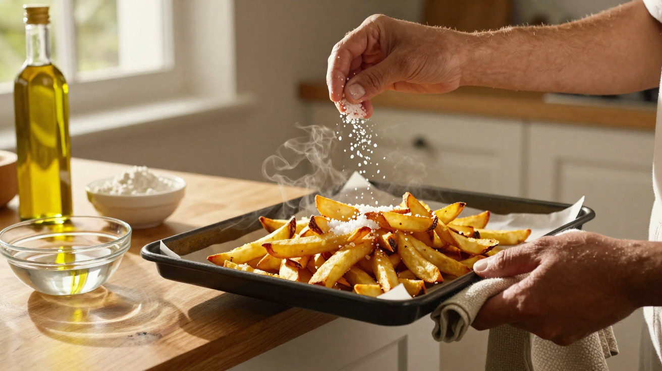 Mãos a temperar batatas fritas fumegantes com sal numa assadeira numa cozinha iluminada.