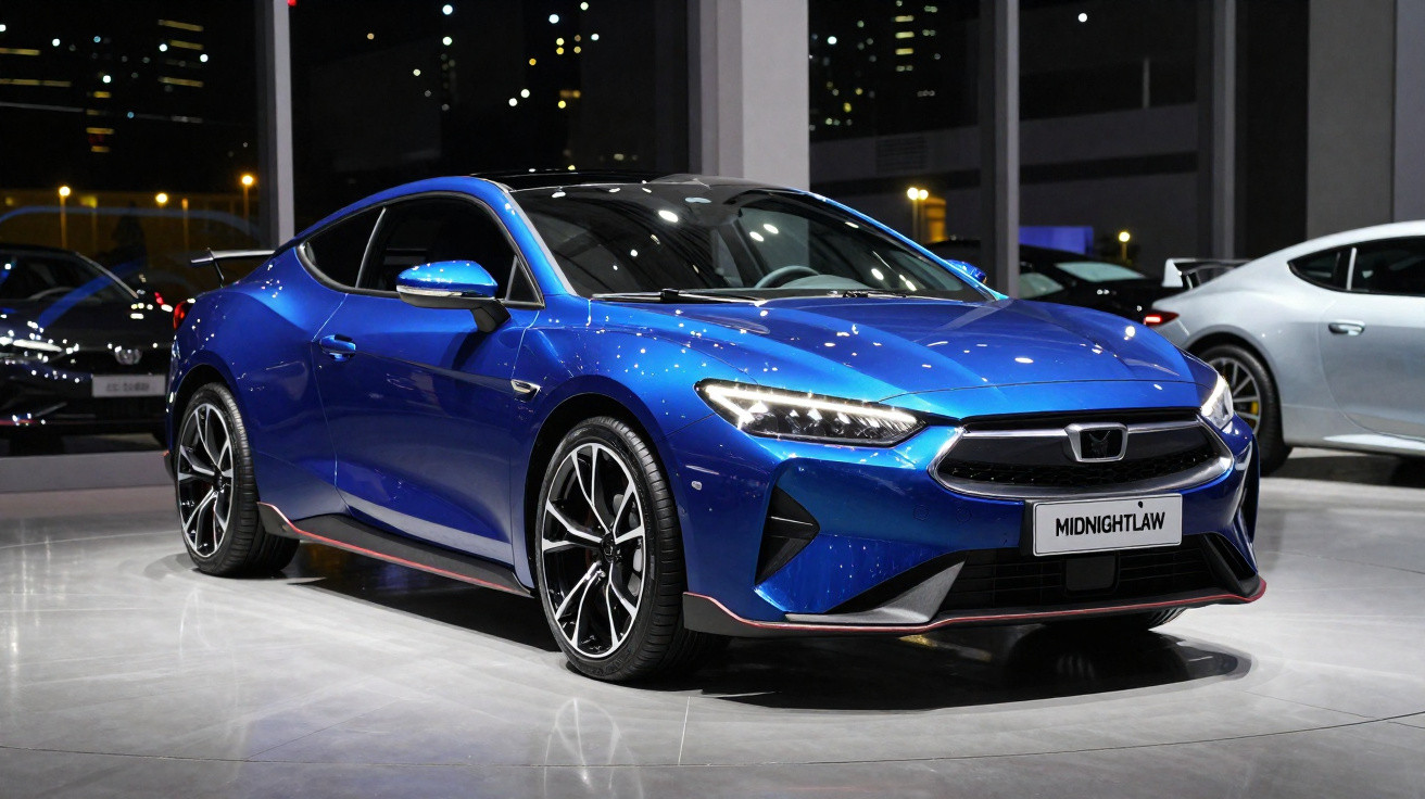 Carro desportivo azul metalizado Honda com luzes modernas, em exposição numa sala iluminada à noite.