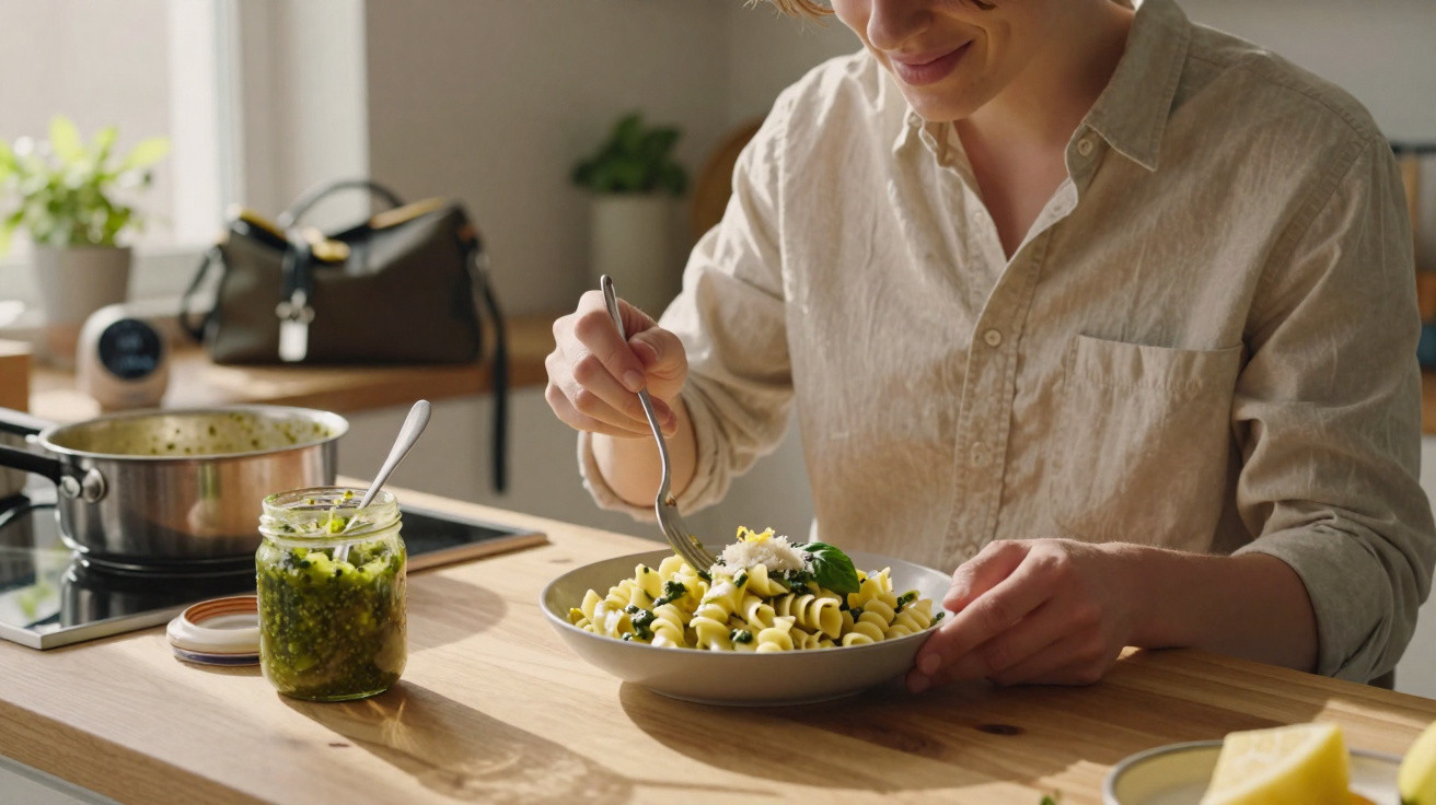 Pessoa a comer massa com molho verde numa cozinha luminosa, perto de um frasco de pesto caseiro.
