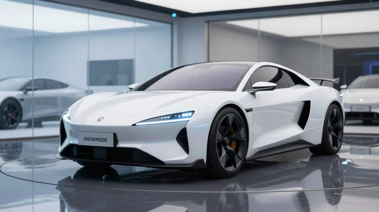 Carro desportivo branco moderno com design aerodinâmico numa sala expositora futurista.
