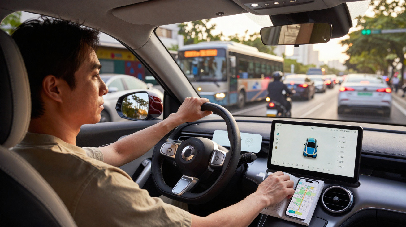 Homem ao volante de carro elétrico com ecrã digital e smartphone a mostrar mapa, em trânsito urbano.</s>