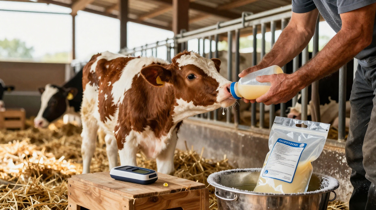 Bezerro a ser alimentado com leite de substituição por um homem numa quinta coberta.