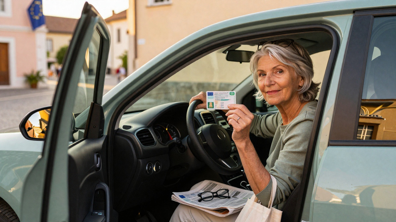 Mulher sénior sentada no carro, sorrindo e mostrando a carta de condução.