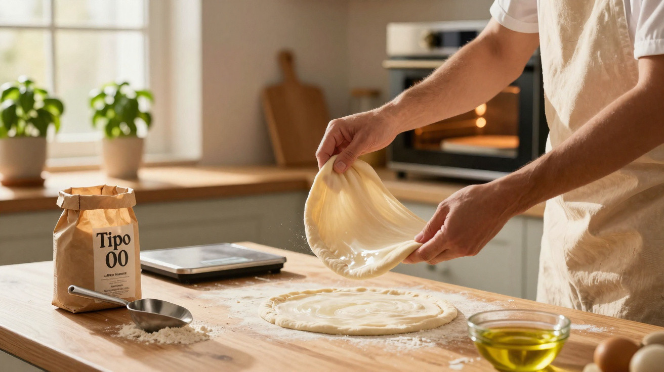 Pessoa estica massa de pizza numa bancada de cozinha com farinha, azeite e tablet ao fundo.