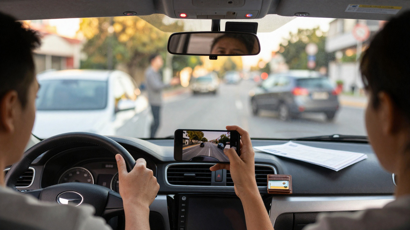 Interior de carro com dois ocupantes, um conduzindo e outro a gravar a estrada com telemóvel.