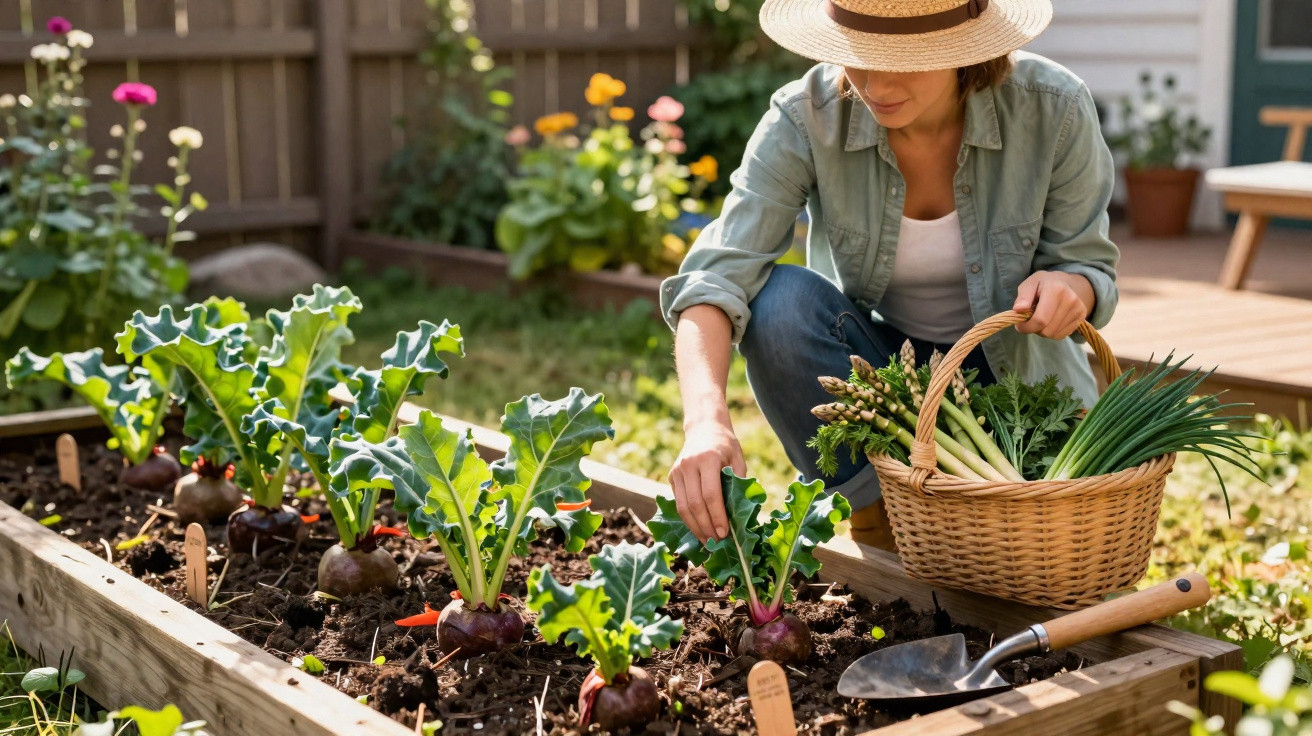 Mulher a colher legumes numa horta caseira com cesto e ferramentas de jardinagem ao lado.
