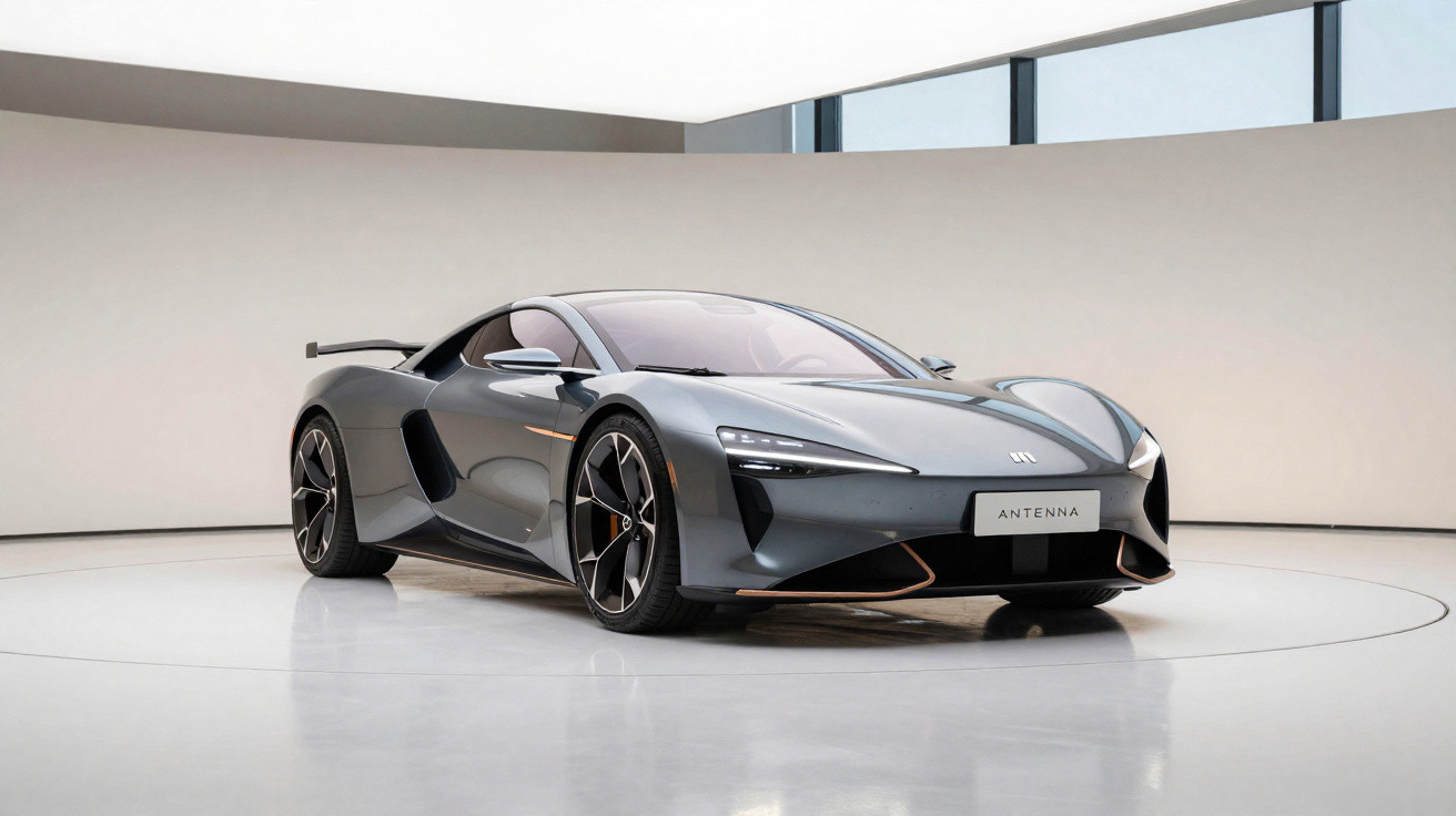 Carro desportivo elétrico cinzento com design futurista em exposição numa sala moderna.