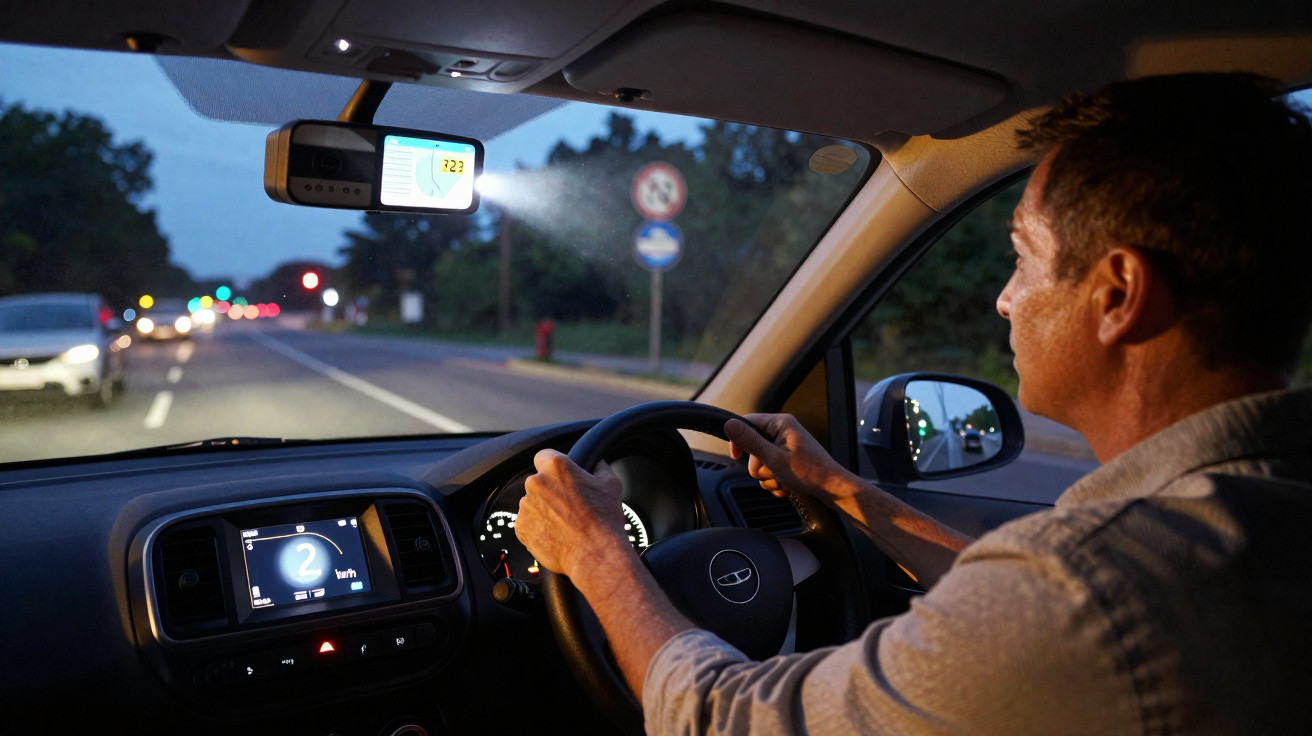 Homem a conduzir carro à noite numa estrada suburbana com painel digital e taxímetro iluminado.
