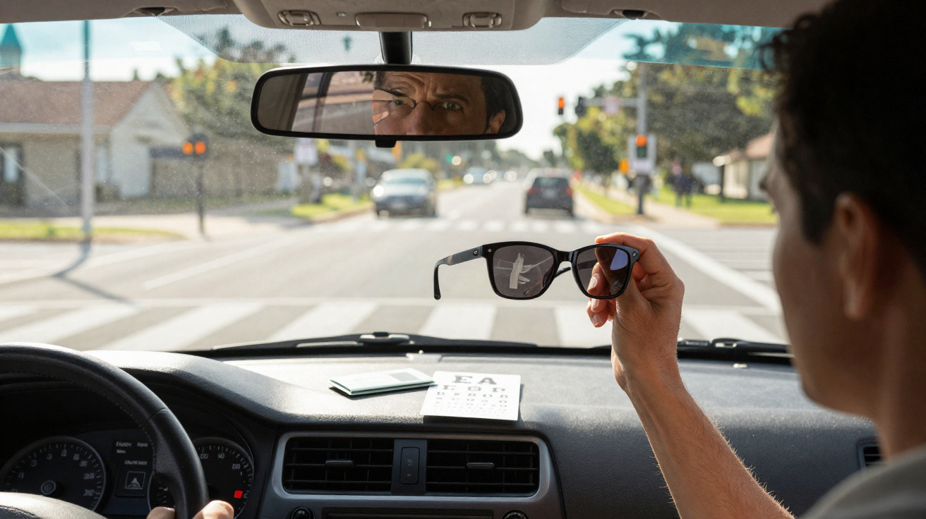 Homem ao volante de carro segura um par de óculos escuros, com reflexo de uma borboleta numa lente.