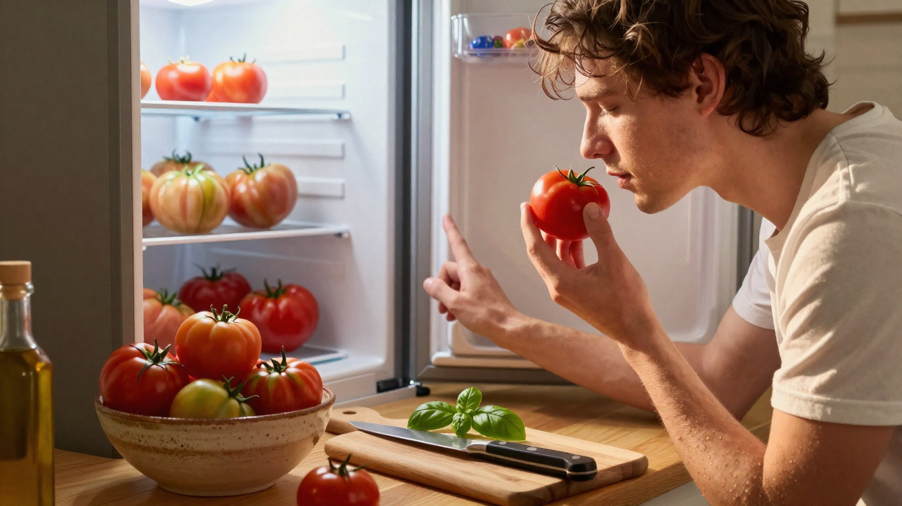 Homem a cheirar um tomate próximo a uma bancada com tomates e uma tábua de cortar junto a um frigorífico aberto.