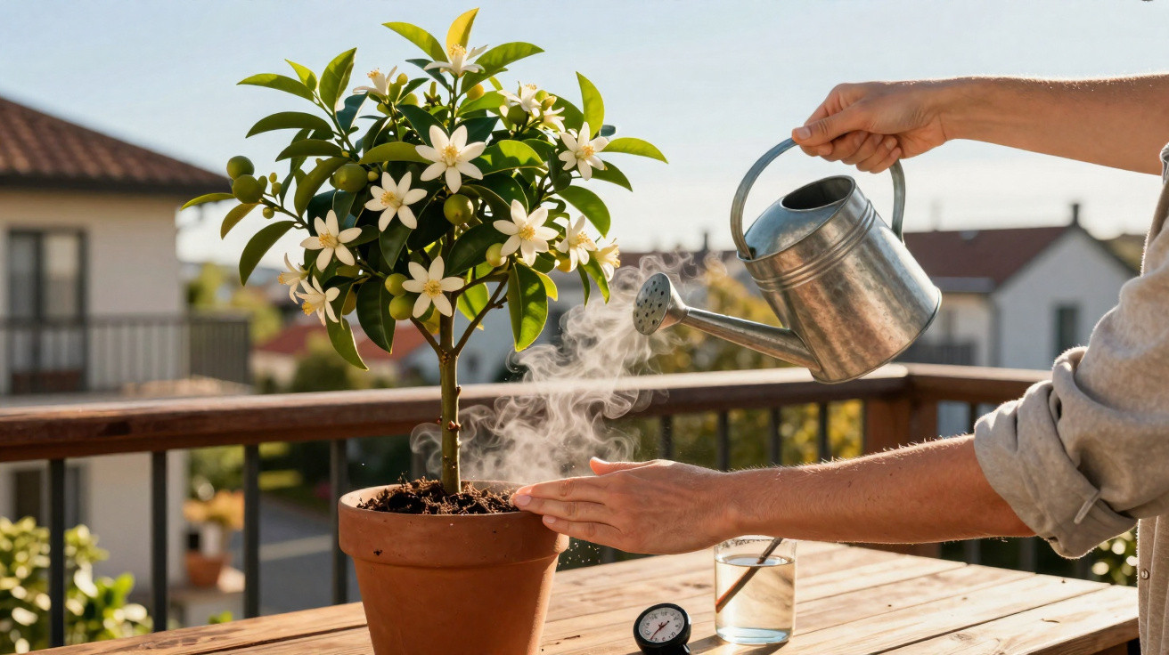 Pessoa a regar planta florida num vaso castanho numa varanda com regador de metal.