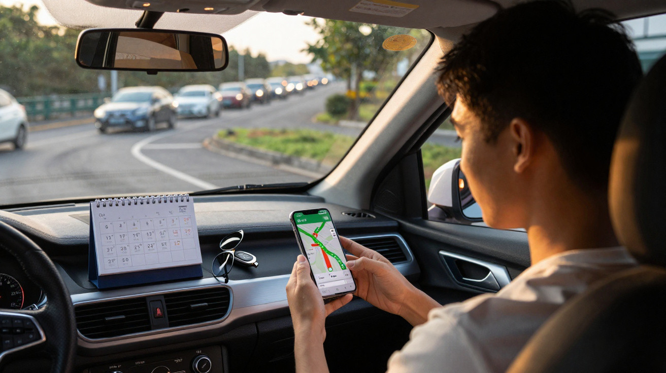 Homem dentro de carro a consultar o GPS no telemóvel com trânsito visível na estrada à frente.