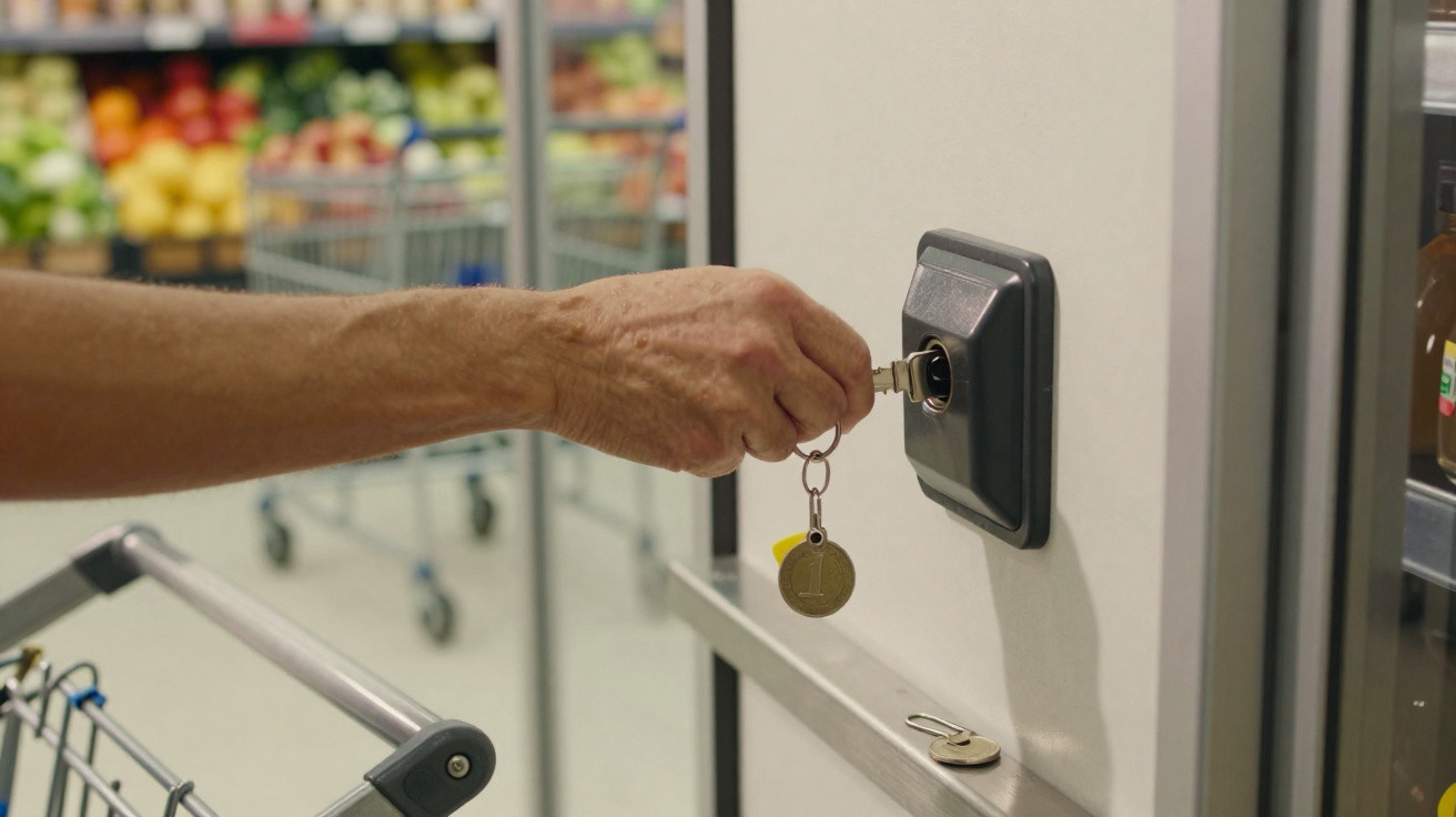 Mão a inserir uma chave numa fechadura numa porta, com um carrinho de compras e legumes desfocados ao fundo.