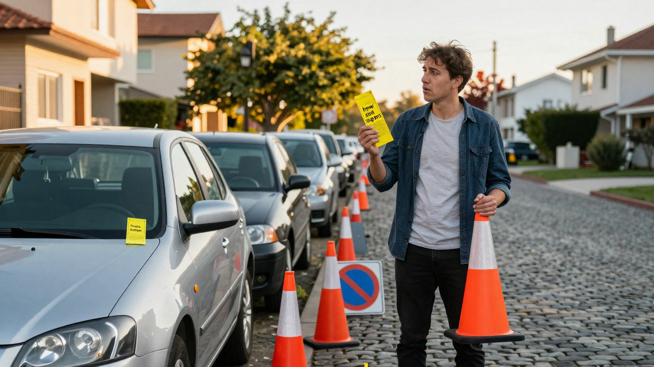Homem a colocar sinais amarelos em carros estacionados numa rua com cones de sinalização.