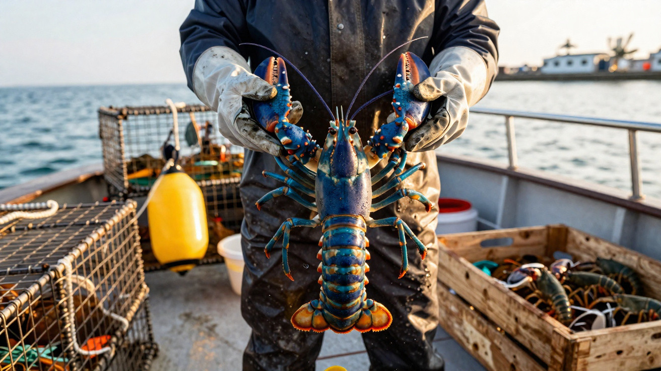 Pescador a bordo de barco a segurar uma lagosta azul grande com luvas brancas.